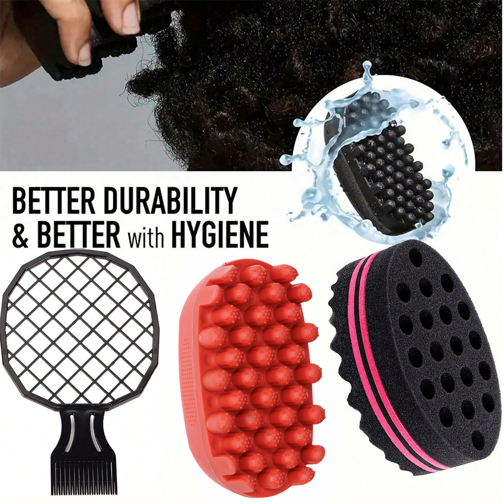 3pcs Big Holes Magic Sponge Brush Silicone Brush for Wave, Coils, and Afro Hair - Hair Care Tool for Men and Women, Hair Brushes: black