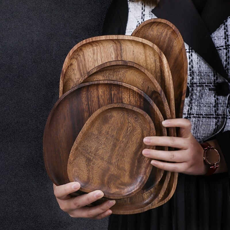 Wood Irregular Oval Dinner Plate Lightweight Easy Cleaning Solid Wood Pan for Dishes Snack Dessert Unbreakable
