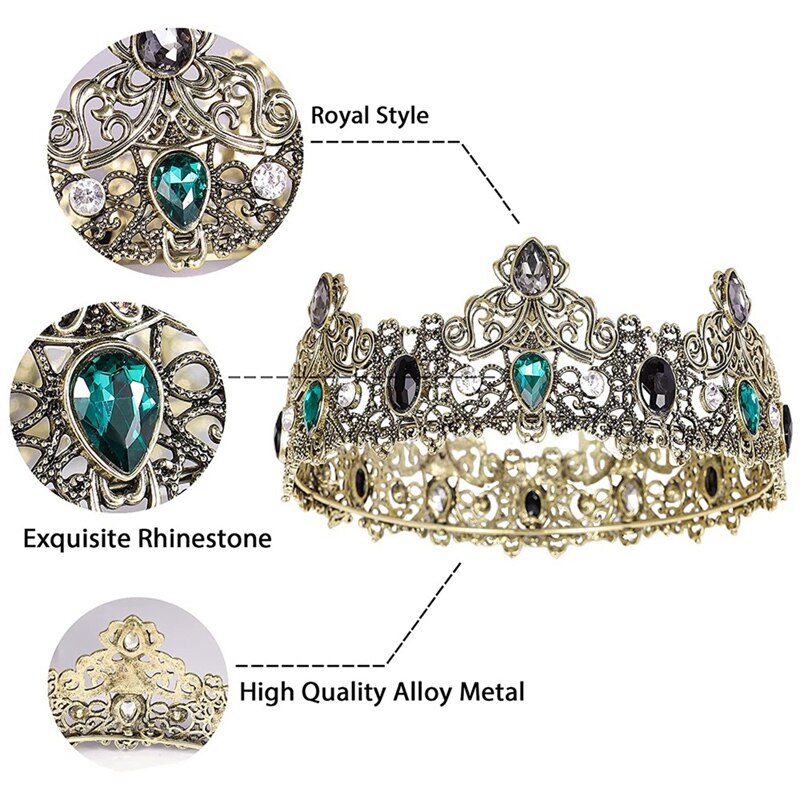 Couronnes de roi Vintage en métal pour hommes, couronne de roi complète avec strass vert, tiare d&#39;anniversaire pour hommes, couronnes de bal