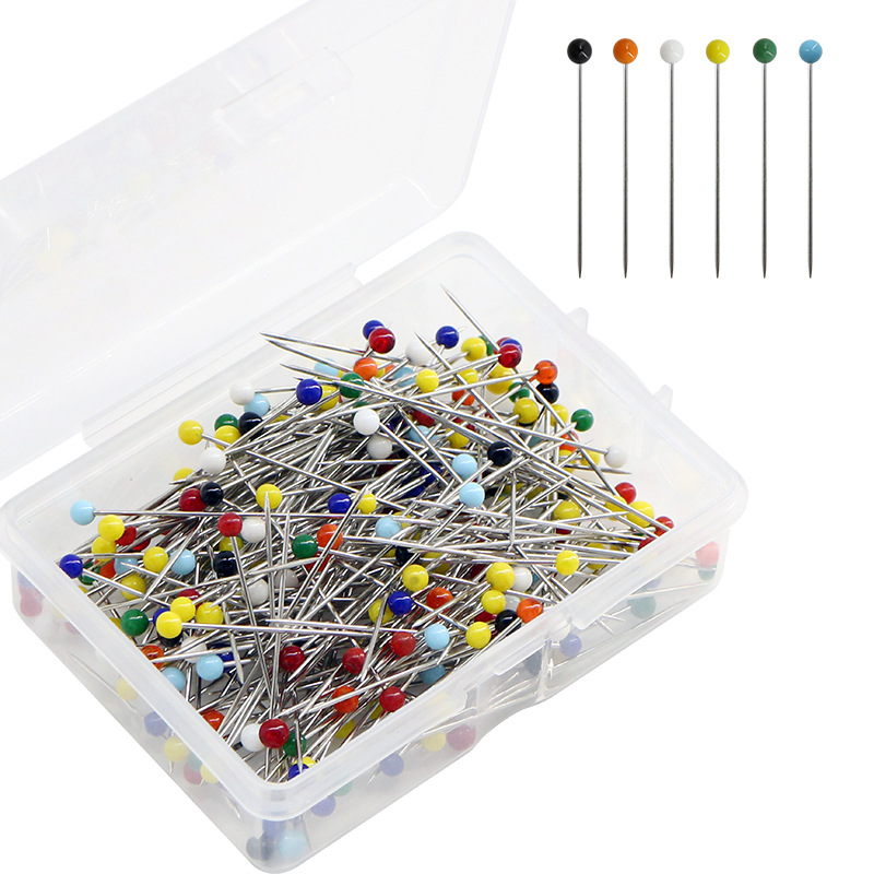 100 unids/caja de alfileres de cabeza de vidrio redondos coloridos, agujas de posicionamiento de empuje recto, accesorios de costura para herramientas de bricolaje de confección
