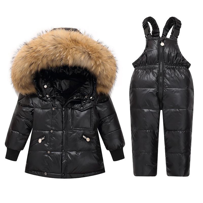 Manteau d'hiver russe pour filles, vêtements d'extérieur pour enfants, combinaison parka à capuche, fourrure, neige épaisse: Black / 5T