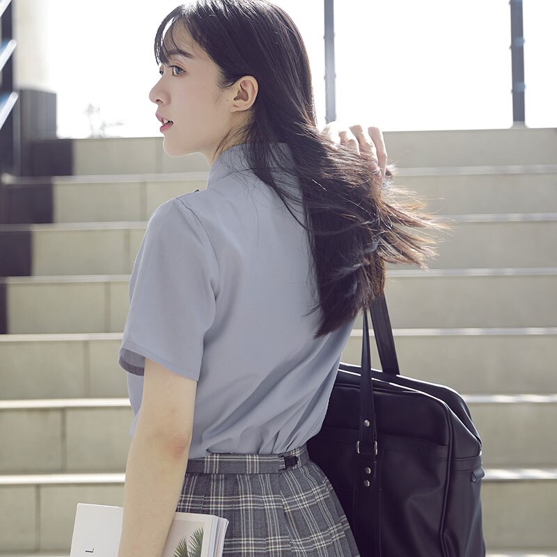 Cotton Short Sleeve Stundent Uniform Shirt Women Overalls Grey Tops Japanese High School Jk Sailor Business Work Women Shirts