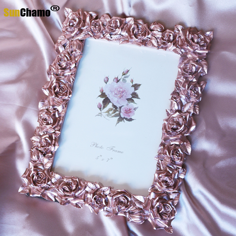 Amerikaanse 6 &quot;7 Inch Bloem Foto Rose Goud Vorm Creatieve Licht Luxe Set Up Idyllische Dame Hars Foto Poto frame Thuis Decor