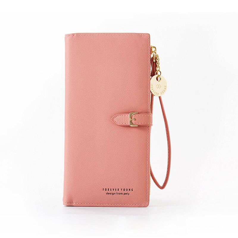 Cartera de piel suave para mujer, Carteras largas con broche, monedero Delgado, tarjetero para mujer: Pink