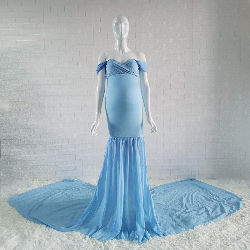 Barsel fotografering prop lang kjole chiffon baby shower kjoler med lange tog barsel fotot skyde kjoler elastisk: Himmelblå