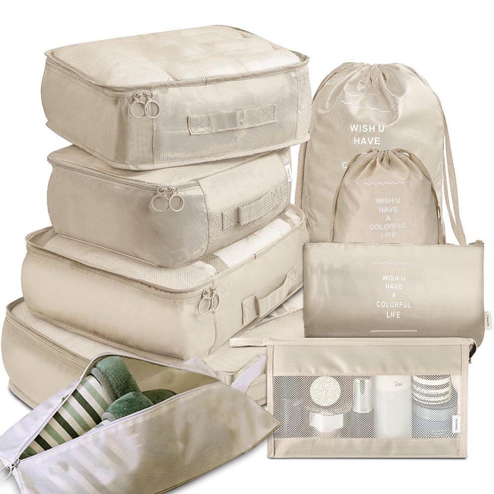 Luggage Organize Bag Set 9 Large Capacity Waterproof Packing Cubes Travel Luggage Organizer Storage Suitcase Compression Bags: Beige