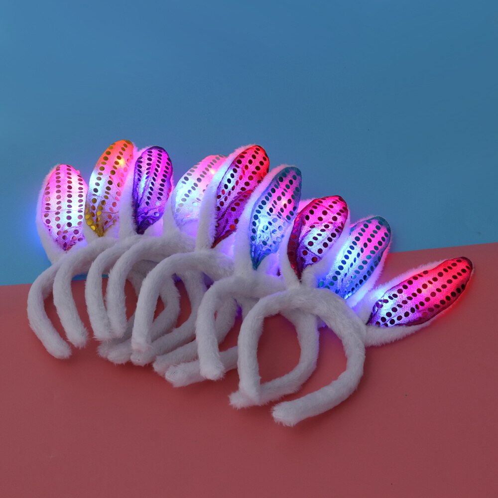 LED Bunny Ear Headband Flashing Sequins Rabbit Ear Hair Hoop Heardwear for Easter Christmas Party (White)