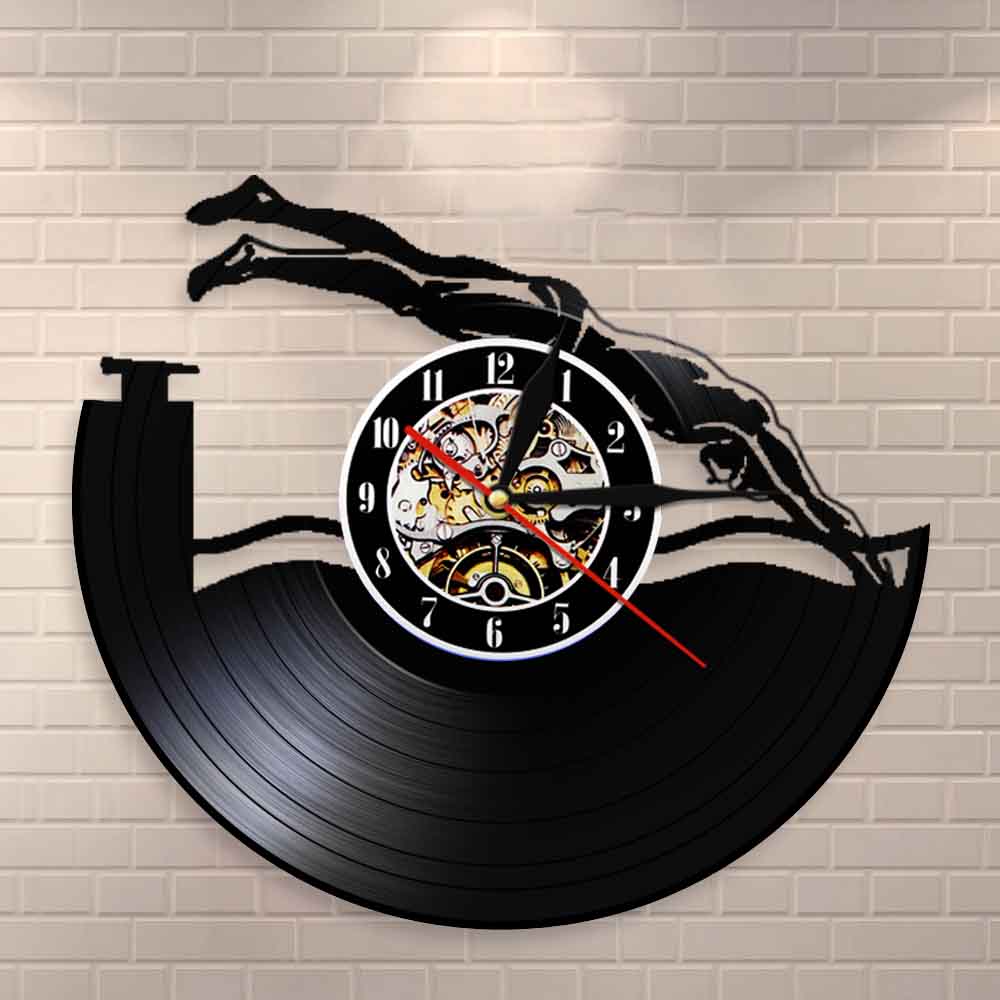 Swimming Pool Wall Art Wall Clock Vinyl Record Wall Clock Swimmers Water Sport Swimming Athletes Home Decor Modern