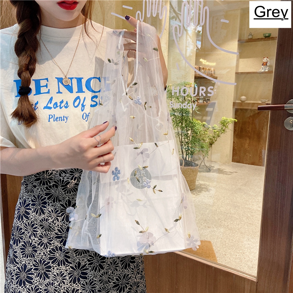 Handmade Flower Embroidery Hand Bag Casual Tote Mesh Shoulder Bag Lady Travel Shopping Bags Woman Handbags: Grey