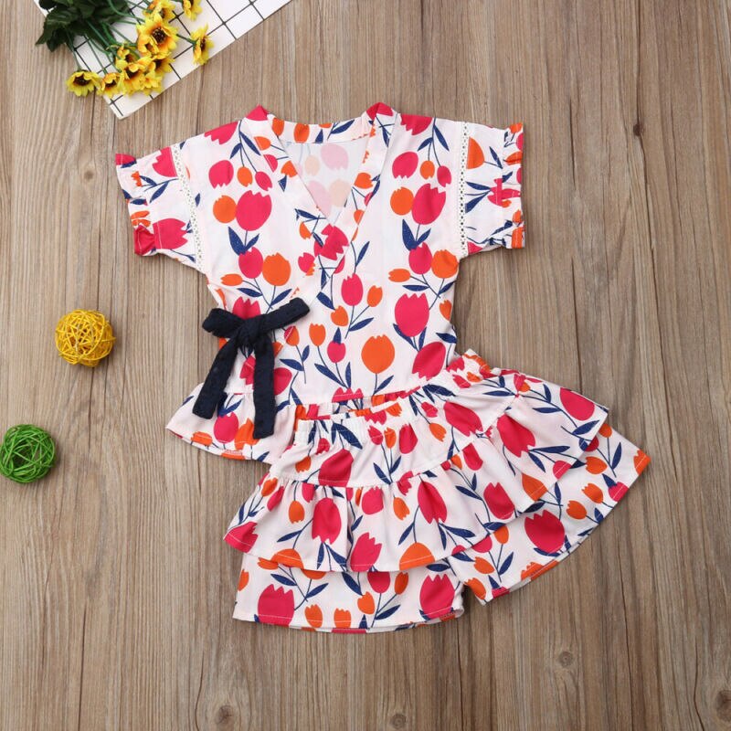 Uk Peuter Kid Baby Meisje Bloemen Ruche Tops Shorts Outfit Kleding Pyjama Zomer