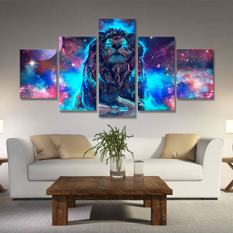5 Panel Oil Painting Starry Sky Lion Art Canvas Wall Hanging Art Landscape Modern Living Room Decoration Painting Frameless