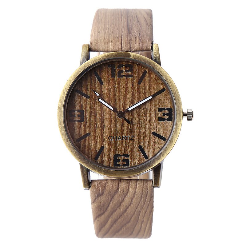 Heren-/dameshorloges met de klok mee, weergave van houtnerf, levensecht patroon, kwartsleren horloge, vrijetijdshorloge, roestvrijstalen wijzerplaat