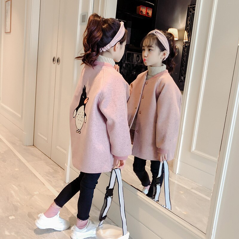 Kinderkleding meisjes dikke wollen jas herfst en winter pinguïn borduurwerk kinderkleding wollen meisjesjas