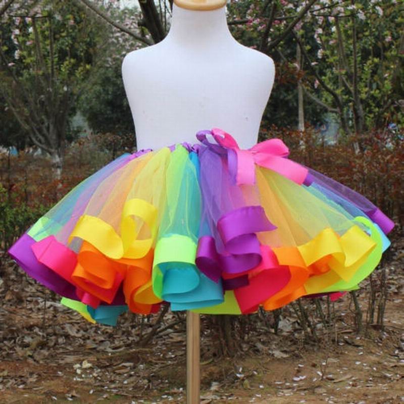 Barn prinsesskjol färgglad regnbåge tyll pilbåge fluffig för tjejfest baby tutu kjol 2-8 år gammal
