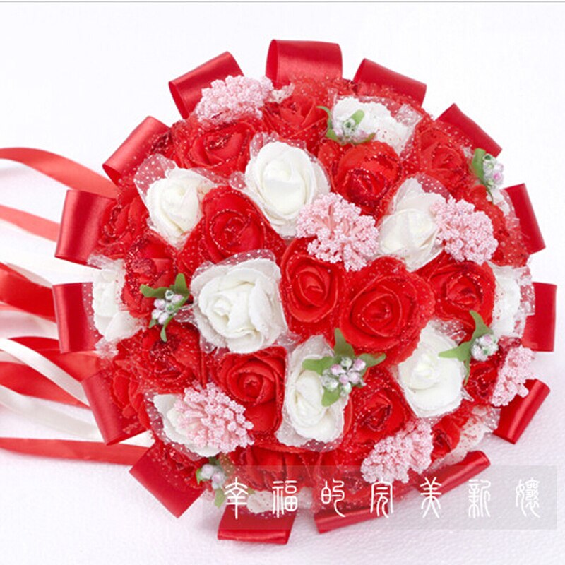 Fioletowy bukiet ślubny sztuczne 45 sztuk sztuczny kwiat róży z wstążka duży bukiet ślubny kwiaty druhny suknie ślubne uchwyt na