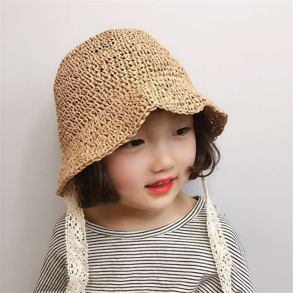 Barn spädbarn baby flicka solhatt prinsessa spets halm solhatt hink hatt sommar strand avslappnad fashon fest hatt: Kaki