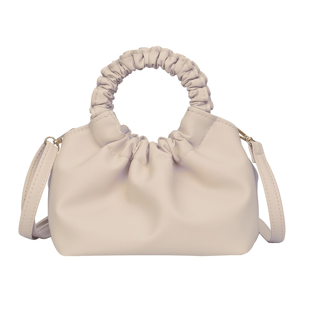 Mulheres Cor Pure bolsa de Ombro Mensageiro Sacos de Couro PU Alça Redonda Plissada Casual Crossbody Bolsas Bolsas Feminina Shopping Bag: Bege