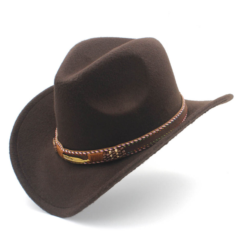 Menns ull vestlig cowboyhatt til herre dame vinter høst jazz cowgirl cloche sombrero caps med belte: Kaffe