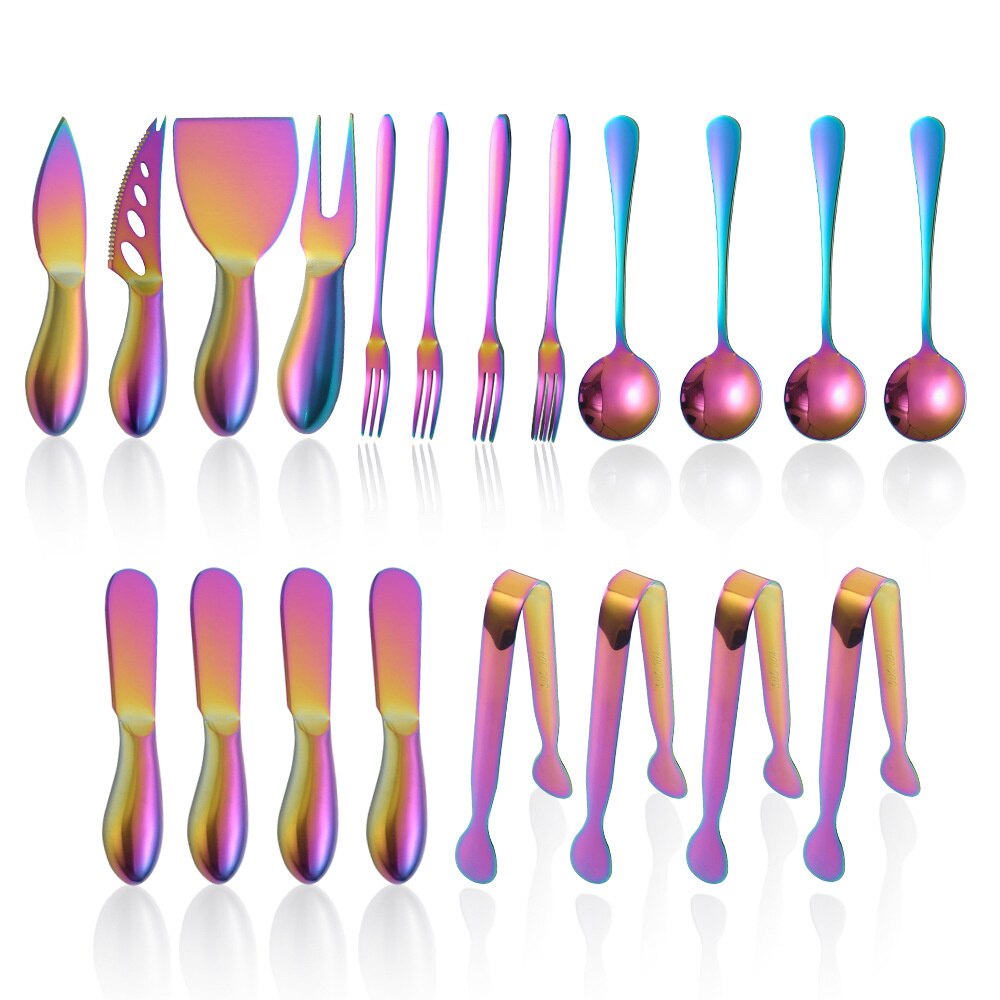 14/20pcs Gold Cheese Knife Set Cheese Spreaders Knife Butter Slicer with Mini Serving Tongs Spoons and Fruit Forks Knives Set: 20pcs Rainbow