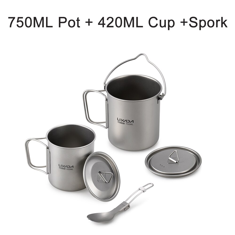 Vajilla de titanio para exteriores Lixada, olla de 750ml, tazón taza de agua de 420ml con tapa, mango plegable, deportiva para Camping, Picnic, senderismo, Viajes: Pot  Cup  Spork