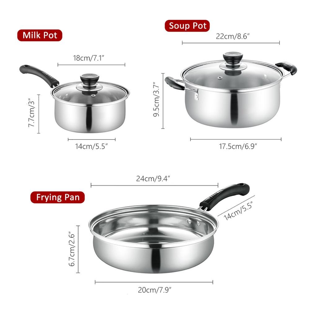 3Pcs/Set Stainless steel Pan Nonstick Iron Pot Cookware, Soup Pot with Lid+Milk Pot with Lid+Frying Pan