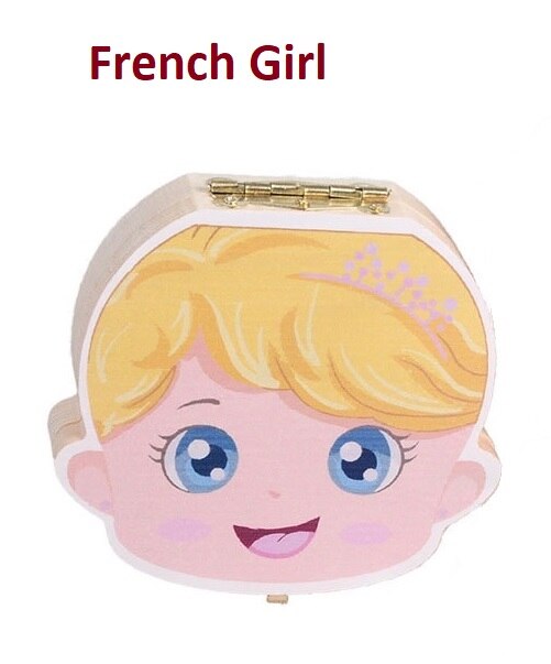 Caja de dientes de bebé colorido español inglés francés italiano caja de dientes de madera organizador guardar dientes de leche almacenamiento de madera: French Girl
