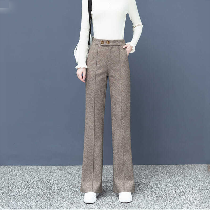 Große Größe Dicke Wollmischung Gerade Hosen Koreanischen Stil Wolle Breite Bein Hosen Frauen Winter lässig Neue Hohe Taille verlieren Hosen: XXXL / Kakifarbig
