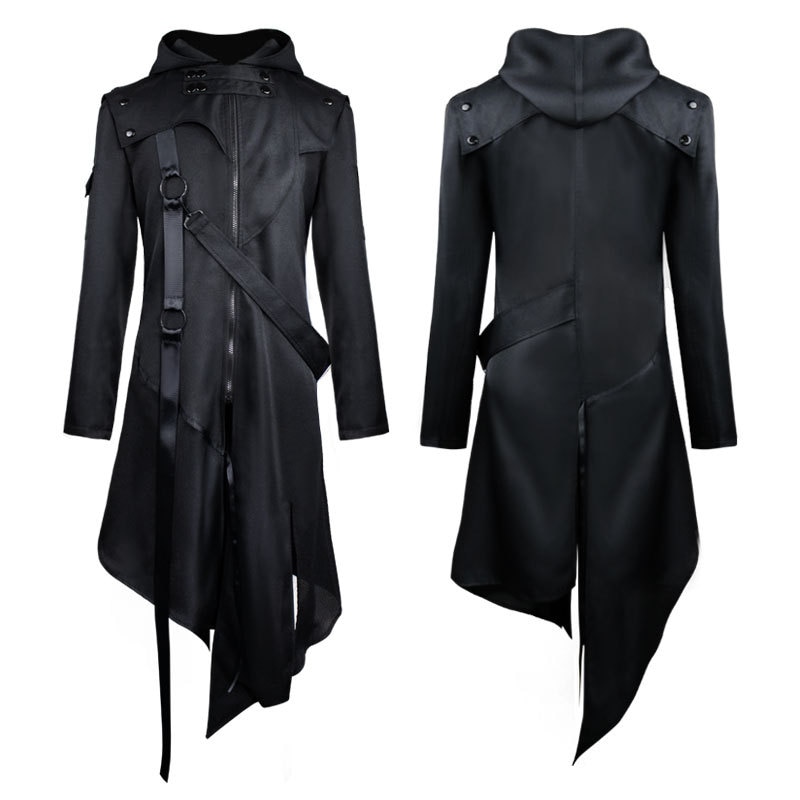 Autumn Winter Men's Retro Jacket Trench Slim Gothic Style Coat with Hooded Men's Clothing Halloween Cos Dress: XL