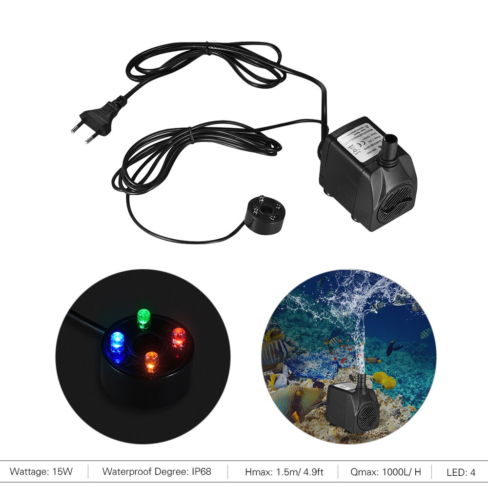 150-180L/H Fish Tank Aquarium Water Pump 2W/2.5W Submersible Water Pump with 4 LED Light Fountain Pump for Aquarium Pond EU/US