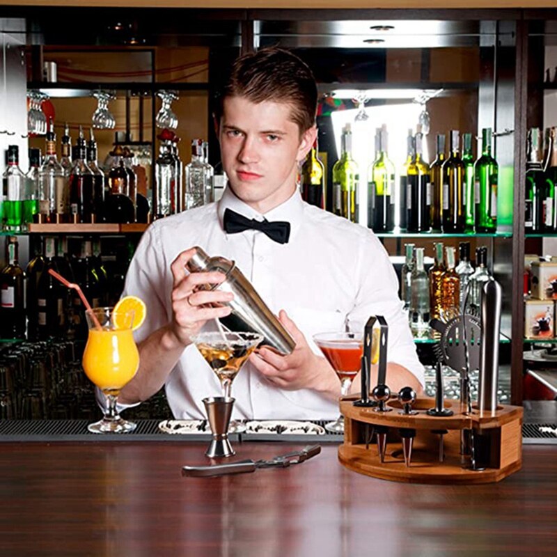 25Oz Bartender Kit with Stylish Bamboo Stand, 12 Piece Cocktail Shaker Set, Stainless Steel Bar Tool Set