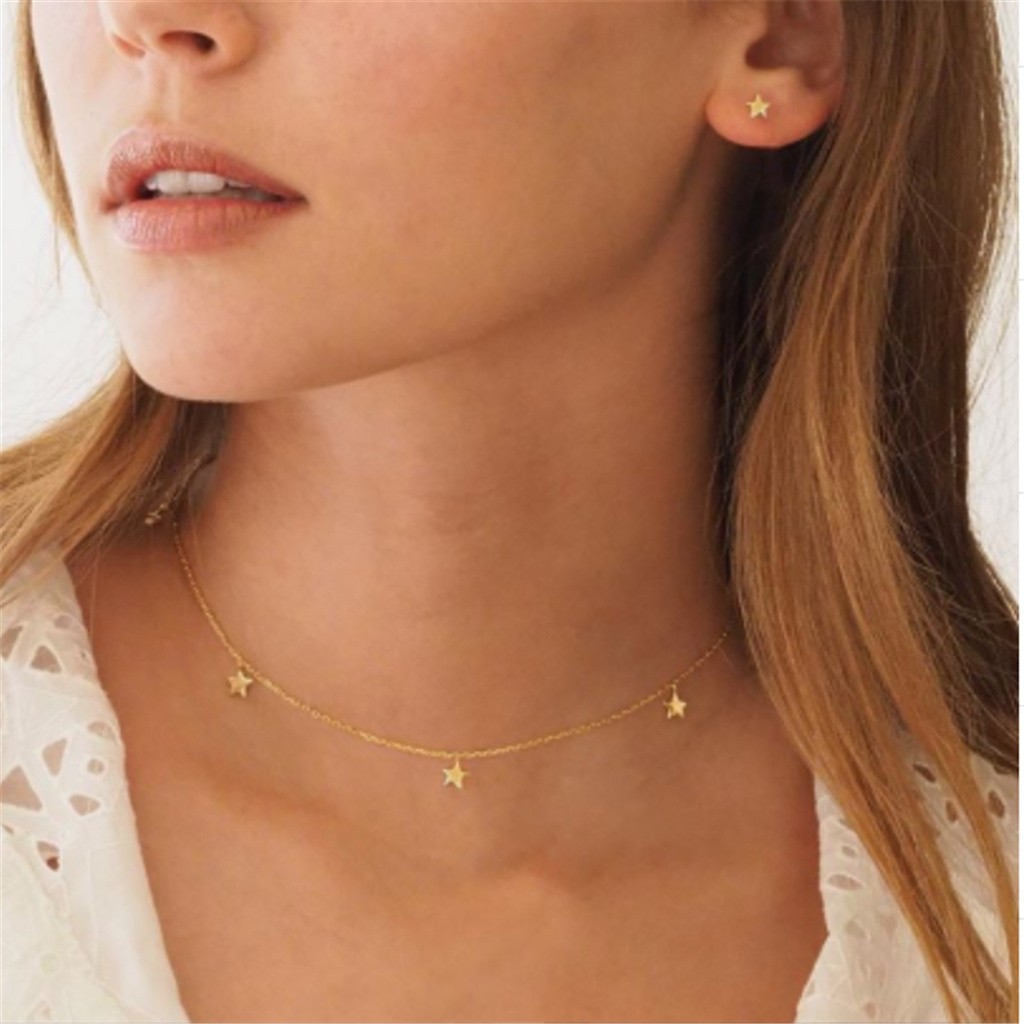 Pendant Necklace For Women Simple Alloy Gold Three Stars Long Chain Necklace Rose Flower Collar Female Jewelry