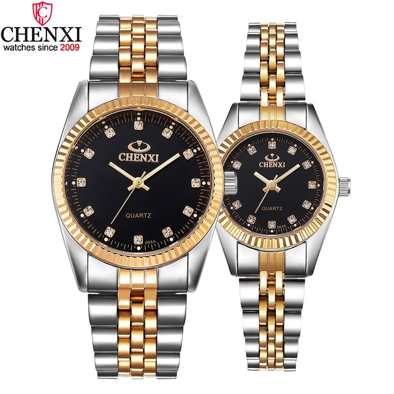 Chenxi Luxe Paar Horloges Vrouwen Mannen Lover 'S Horloge Waterdicht Roestvrij Staal Quartz Jurk Business Mannen Klok Strass
