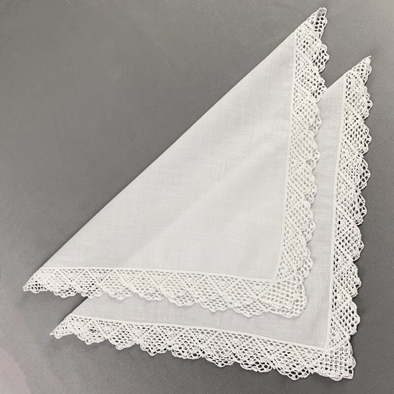 Sæt  of 12 bryllup brude lommetørklæder 12 x 12 "hvid bomuld hæklet blonder hankie damer hanky vintage bryllup lommetørklæde