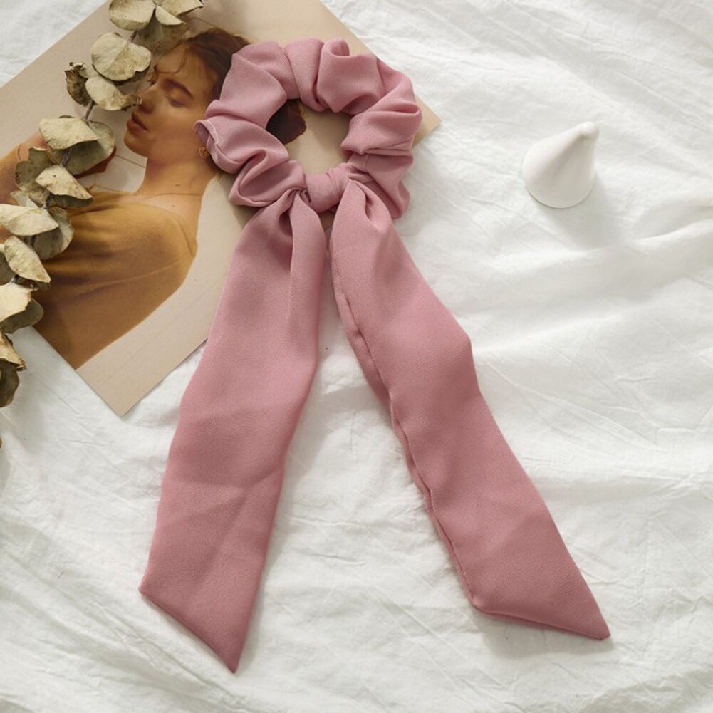 Solid Chiffon Ponytail Scrunchie Hair Ties Elastic Hair Rope for Women Hair Bow Ties Hair Bands Black Red Pink Ribbon Hairbands: Pink