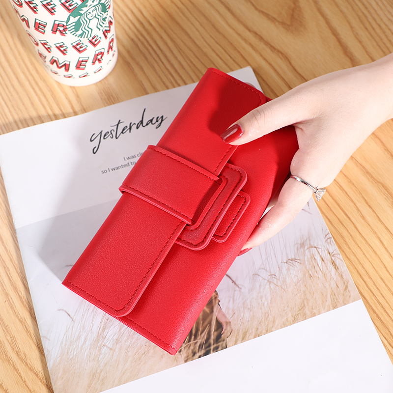 Women's Wallet Long Card Holder Tri-fold Flip Cover Korean Style Student Change Bit Multifunctional Wallet: Red