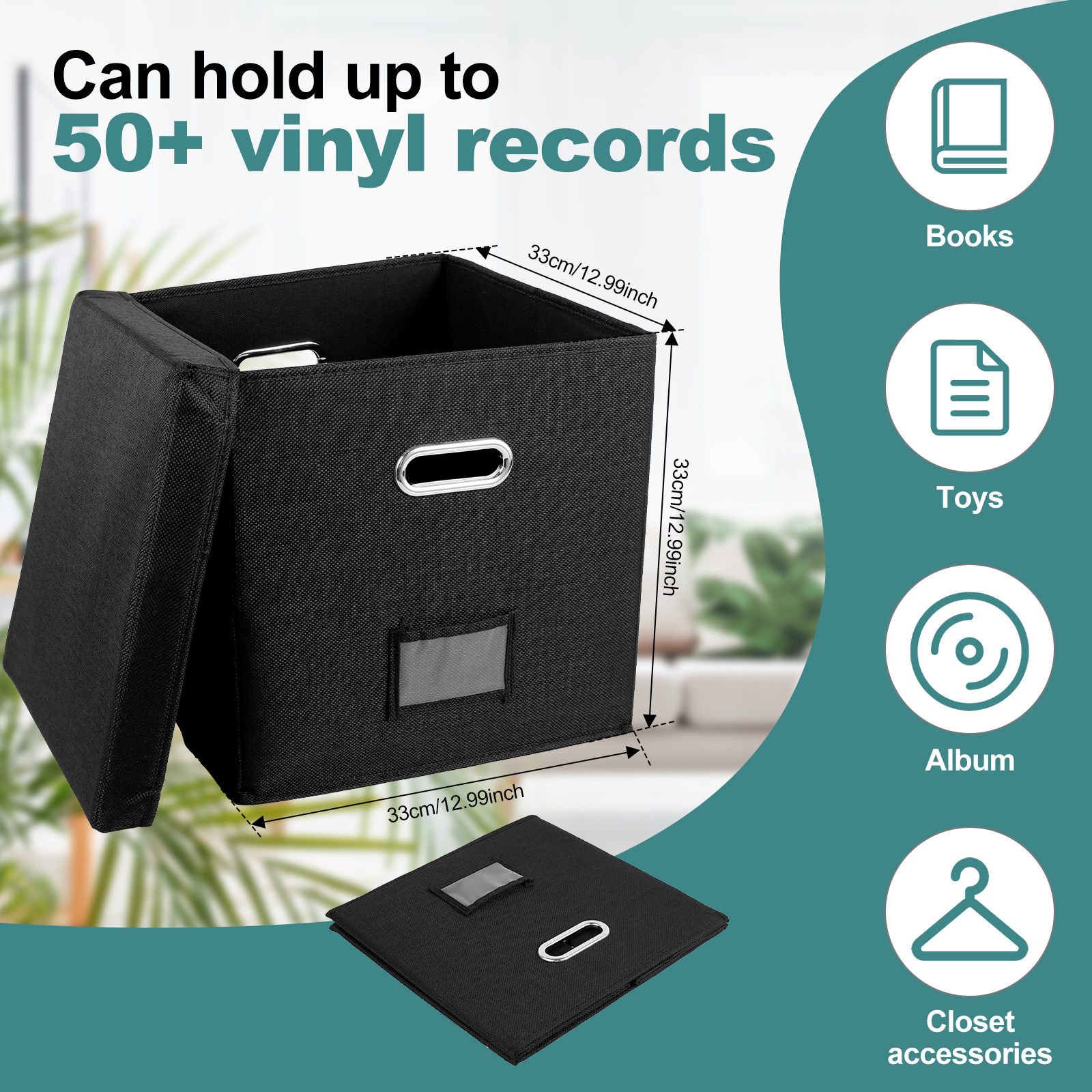 Contenedor de almacenamiento de discos de vinilo plegable, caja organizadora de almacenamiento de álbumes apilable con tapa, capacidad para 50 álbumes, registro práctico para armario
