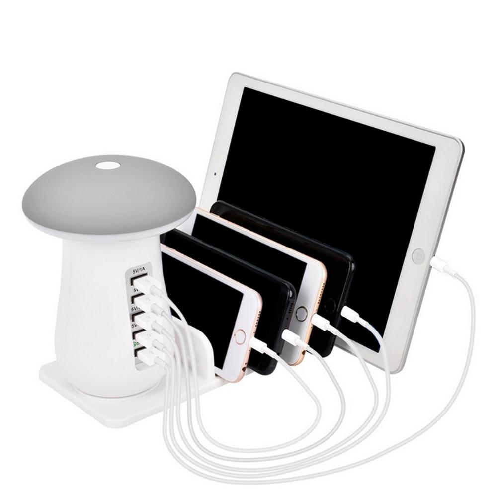 Besegad Mushroom Led Light Lamp Usb Opladen Dock Station Organizer Met 5-Poort Voor Iphone Samsung Galaxy Smart Phone tablet