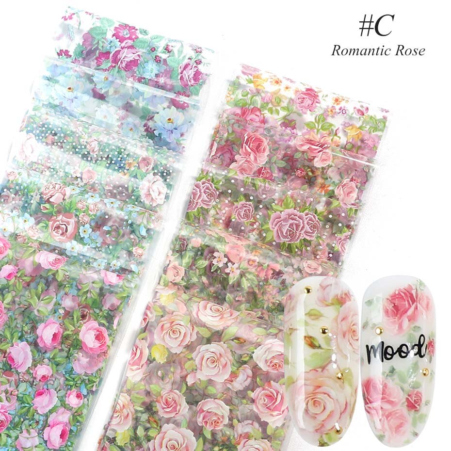 10pcs Kleurrijke Bloemen Stickers Op Nagels Folie Transfer Sterrenhemel Zomer Sliders Voor Manicure Nail Art Decals Decoratie JI798: C