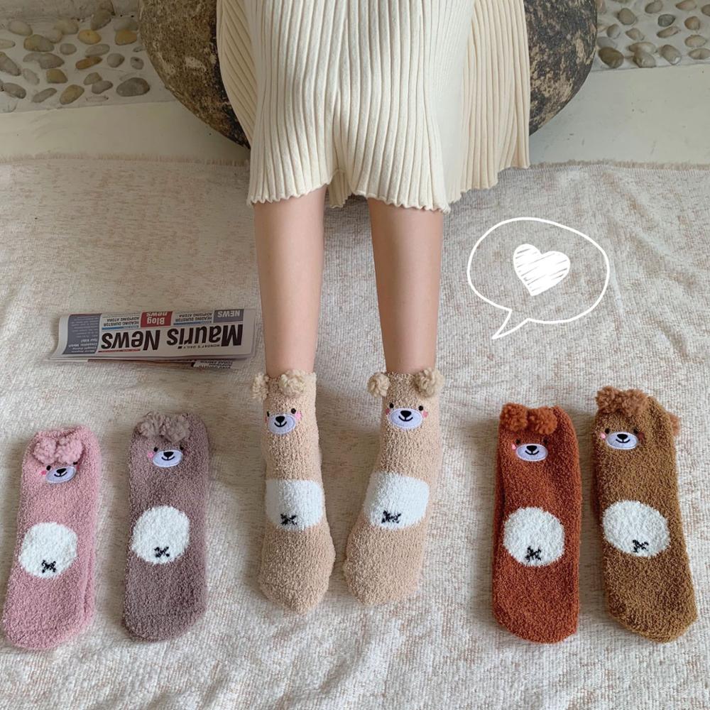 Winter Soft Brushed Thick Cute Cartoon Animal Bear Ears Warm Ladies Floor Sock Coral Half Velvet Women's Socks