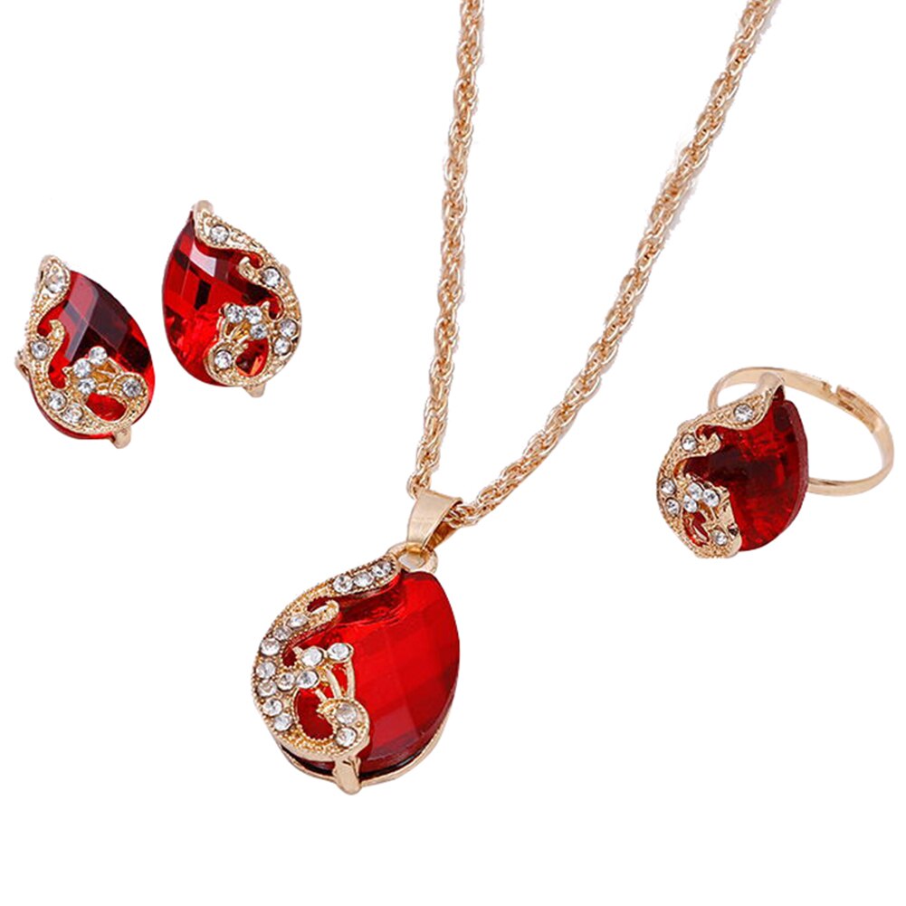 Vrouwen Sieraden Set Glanzende Water Vorm Strass Ketting Oorbellen Ring Pauw Crystal Koreaanse Sieraden Set: Red