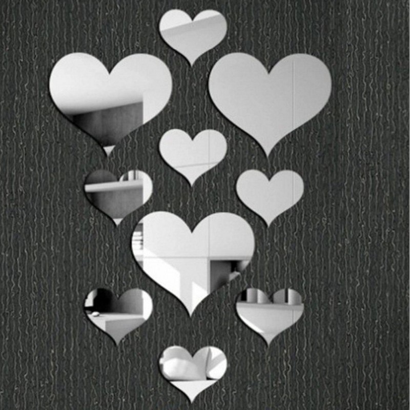 Espejo acrílico de corazón de amor para pared, Adhesivo de pared, empolvable, arte de sala de estar, decoración del hogar, 10 Uds.