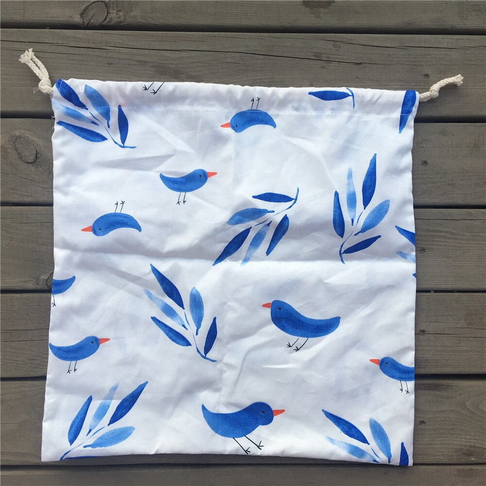 1pc Cotton Twill Drawstring Travel Organized Sorted Bag Party Bag Blue Leaf Bird YL9502