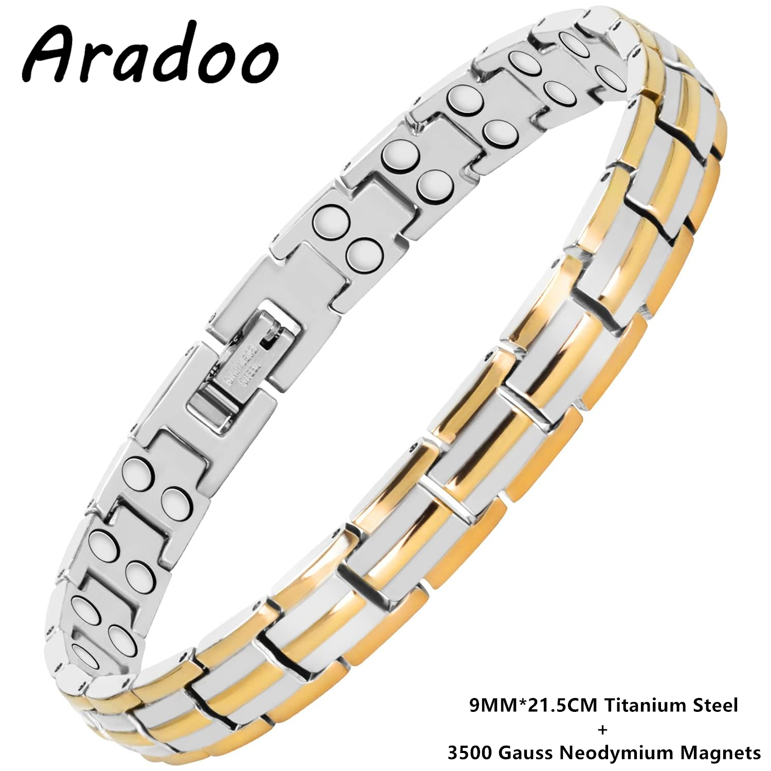 ARADOO Preumium Zuiver Koper Armband voor Mannen Vrouwen Dubbele Rij Magnetische Therapie Polsband Sieraden: Licht Geel Goud Kleur