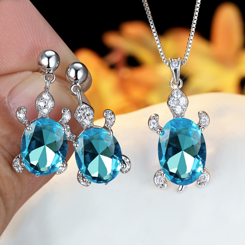 Regenboog Opaal Grote Ovale Steen Zee Schildpad Sieraden Sets Multicolor Crystal Tortoise Kettingen Oorbellen Voor Vrouwen Wedding Bridal Sets: Aqua Blue
