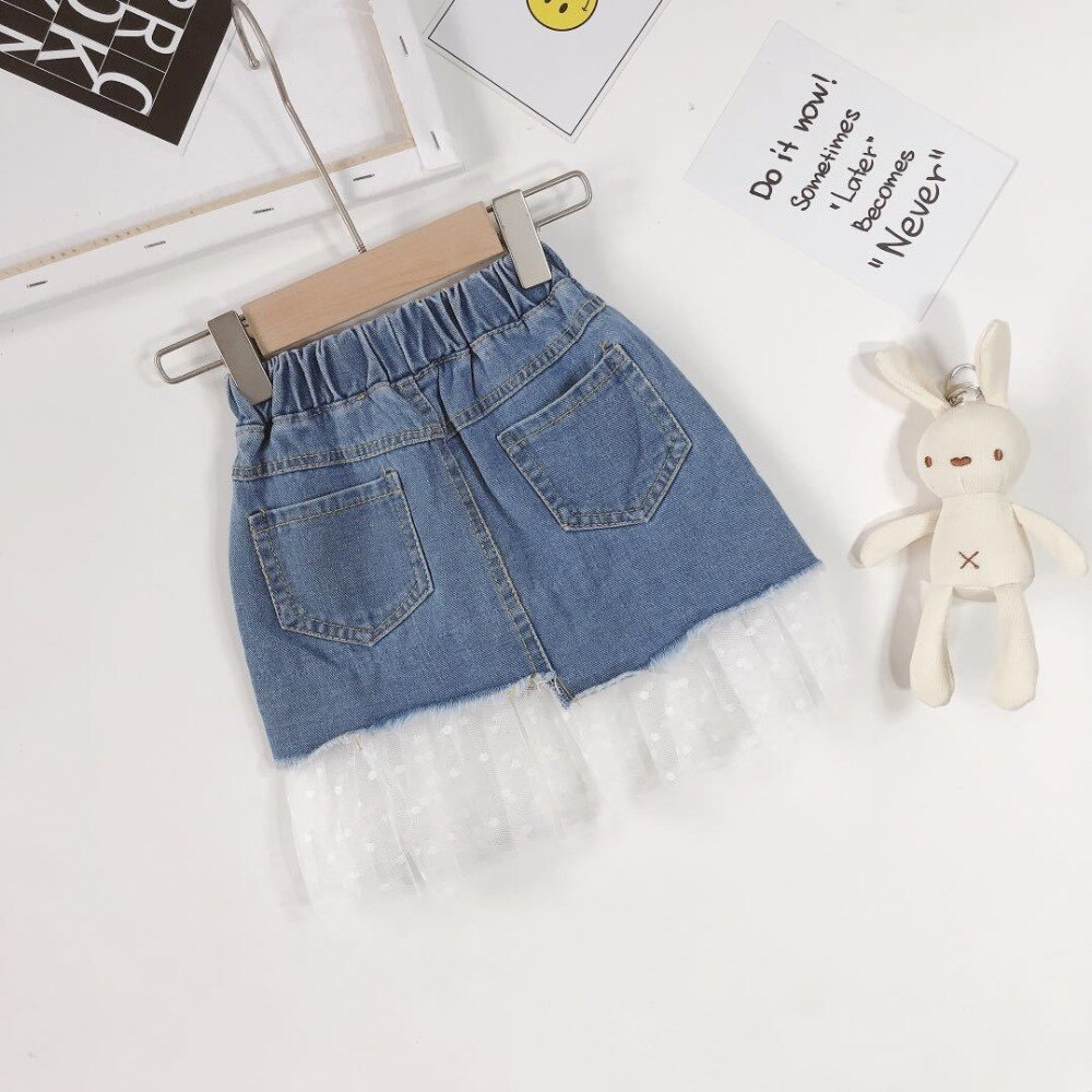 Piger nederdel jeans koreansk baby pige blonder syning jeans nederdel børn denim halvlang nederdel til piger perle nederdel 2-8 år