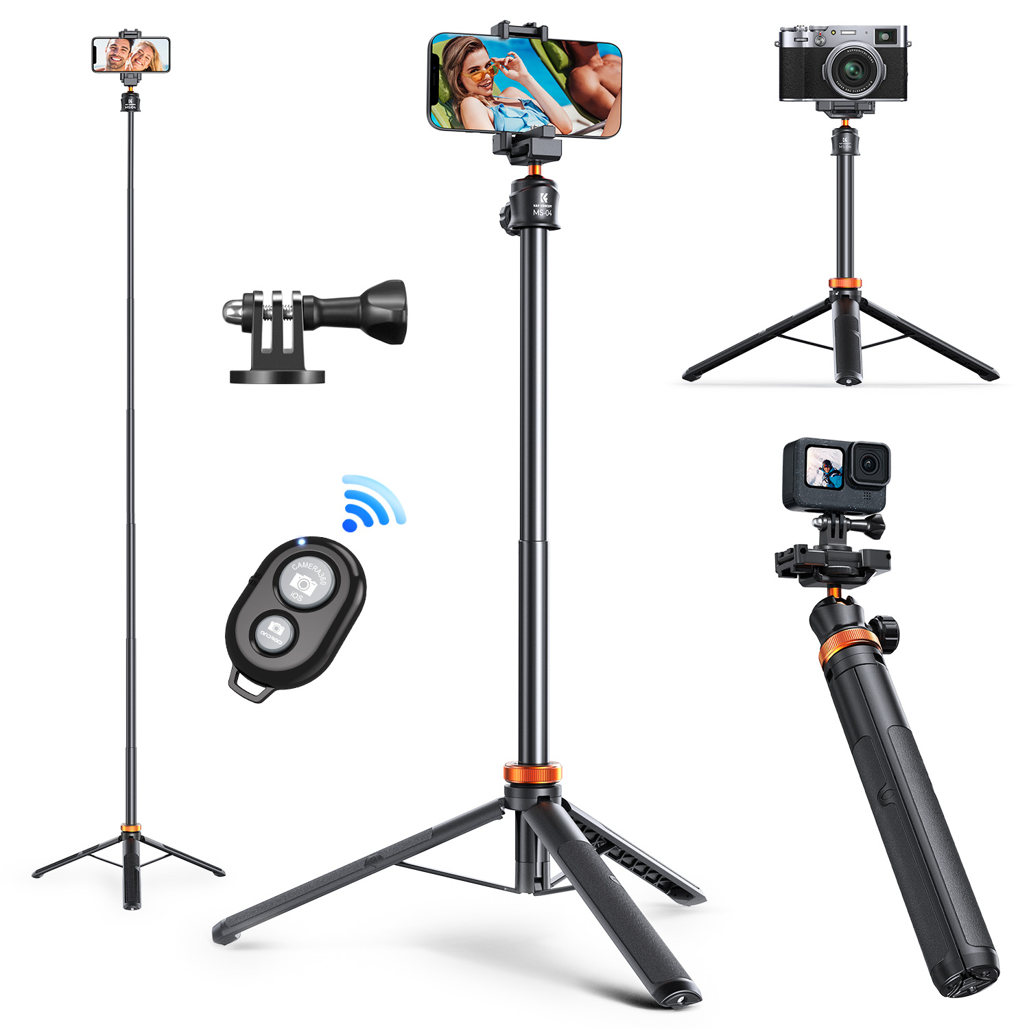 K&F Concept MS08 62''/1,58 m Statyw do telefonu Selfie Stick czarno-pomarańczowy z pilotem Bluetooth + adapter Gopro: Default Title