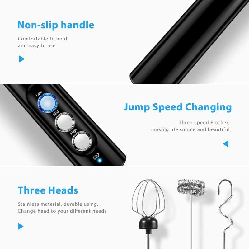 Spieniacz robić mleka ręczny, USB akumulator 3 prędkości mini elektryczny spienione mleko ekspres mieszalnik robić kawy, cappuccino