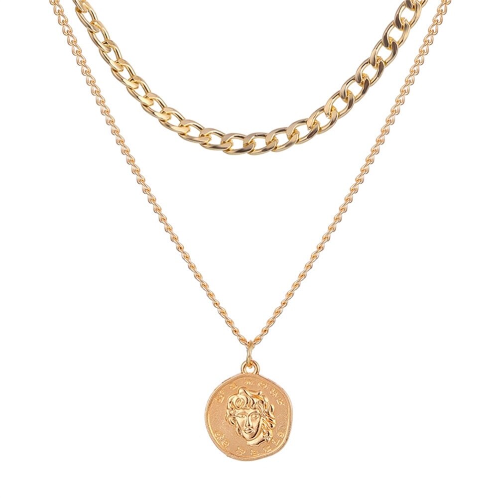 Charm Thick Chain Toggle Clasp Coin Pendant Necklace for Women Gold Multilayer Pearl Circle Choker Necklace Jewelry: IF2690002