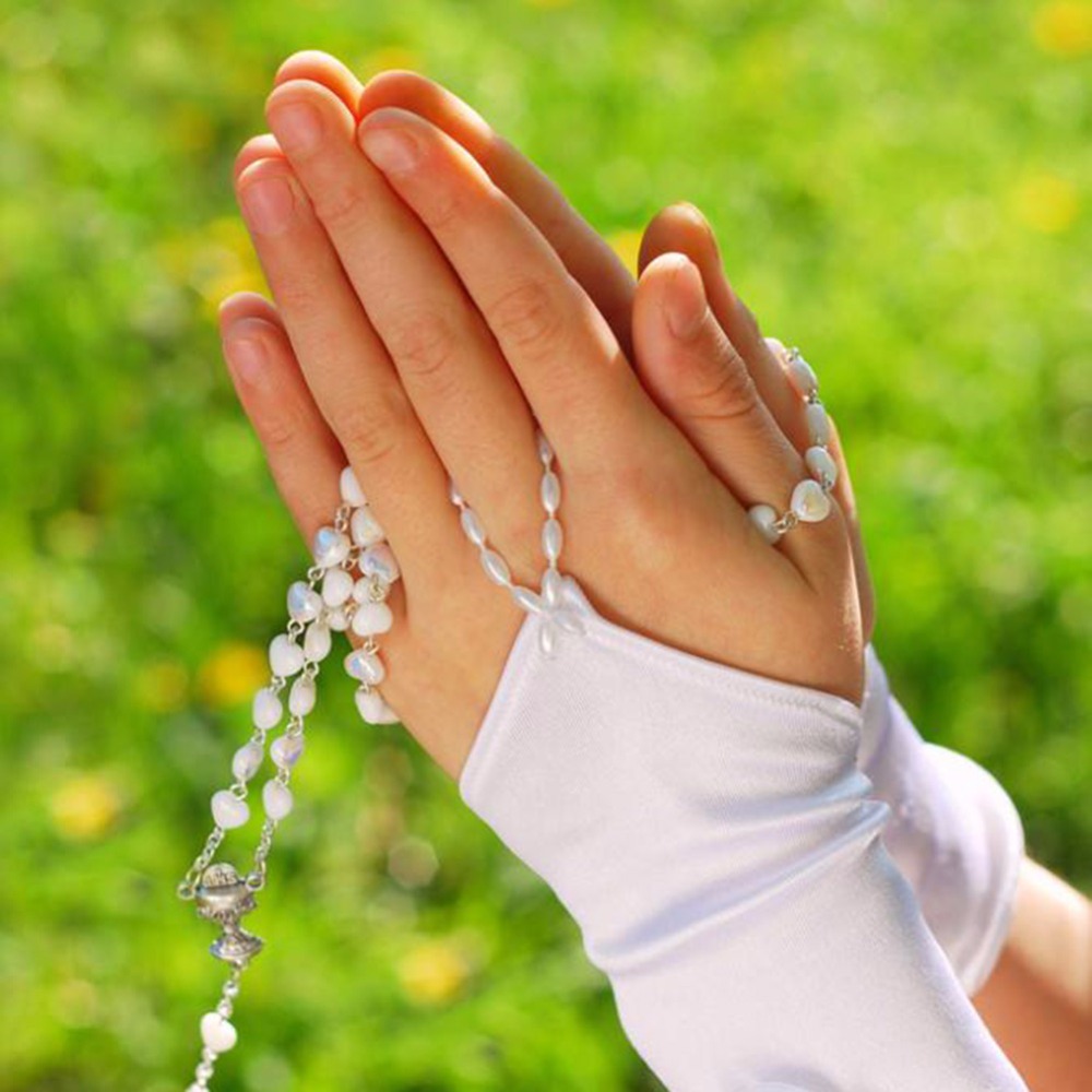 Meninas branco fingerless cetim pérola acentuado comunhão flor menina luvas comunhão santa noite traje festa ocasião especial