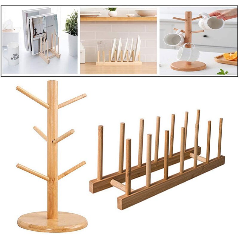 Mug Holder Tree and Dish Rack Set, Wooden Cup Hold... – Vicedeal